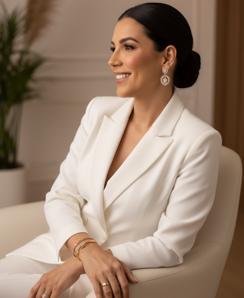 Jackeline Campos, biomédica especialista em harmonização facial, sentada em sua clínica